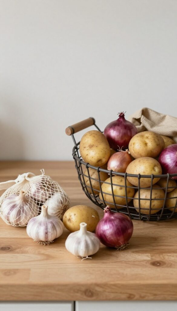 Root vegetables and alliums stored in a wire basket and mesh bags on a wooden countertop.