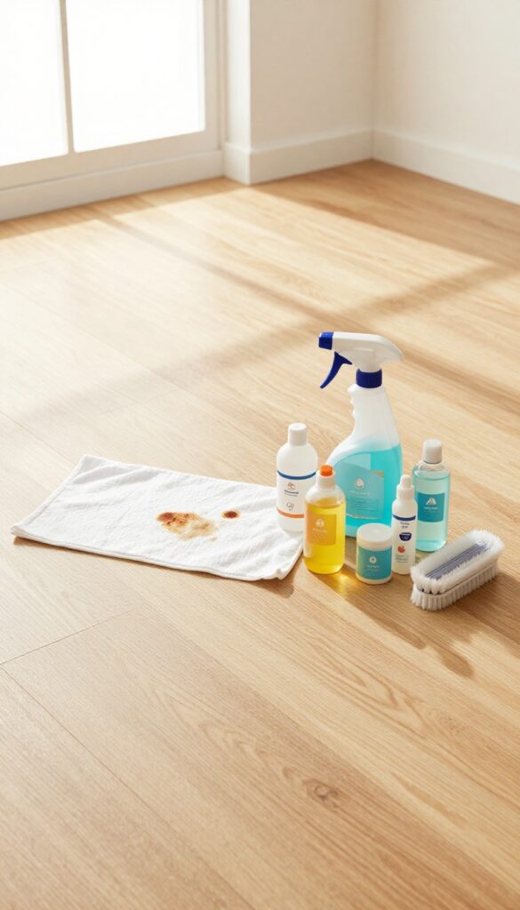 Professional carpet spotter kit with trigger sprayer and multiple stain-specific solutions on a hardwood floor.