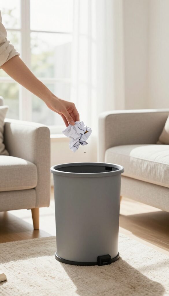 A hand dropping trash into a bin next to a sofa in a clean, sunlit living room