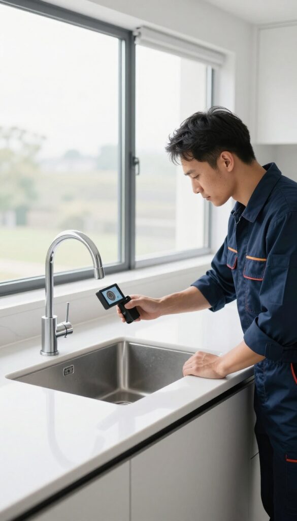 Plumber inspecting sink drain with camera, professional plumbing service for persistent drain issues