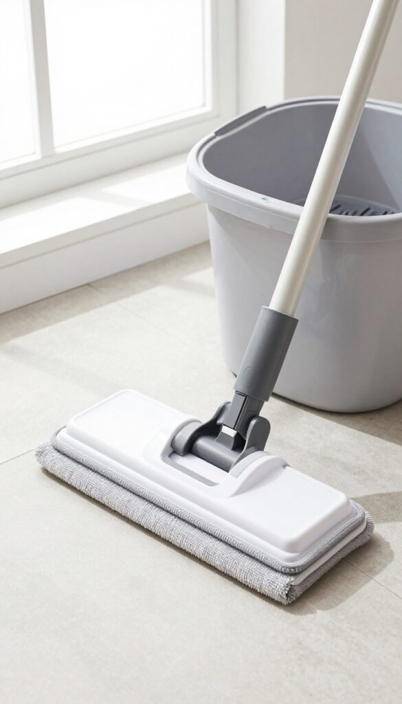 Flat mop and bucket with wringer on clean tile floor