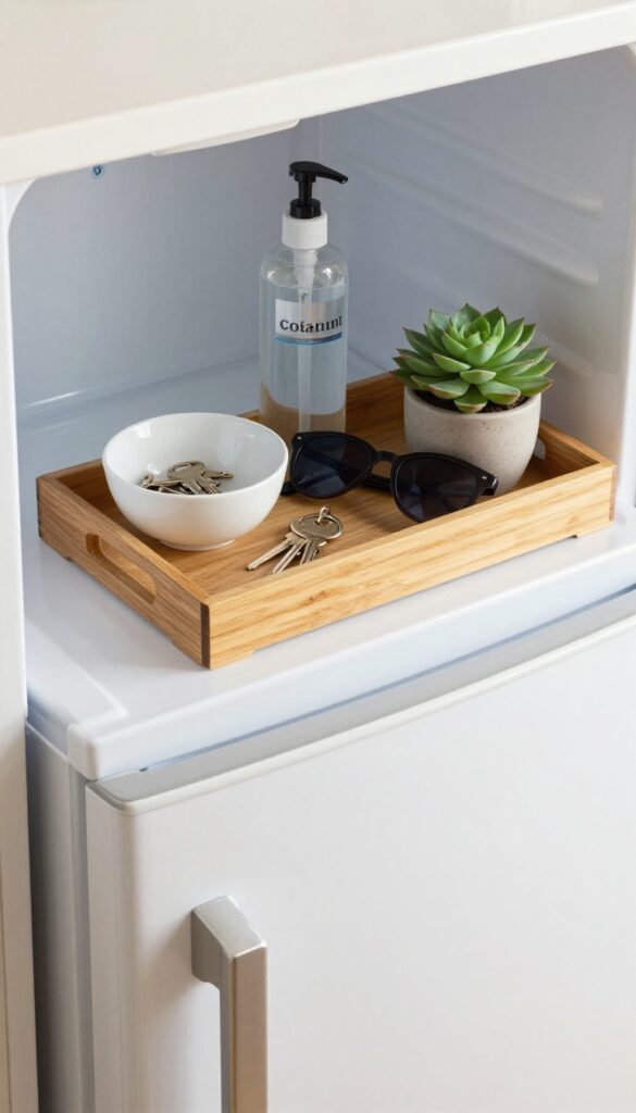 Top of fridge with a decorative tray holding daily essentials like keys, hand sanitizer, sunglasses, and a small plant