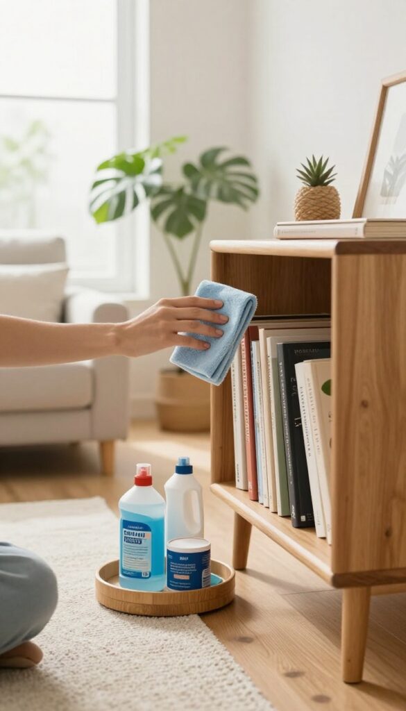 Person dusting a bookshelf in a bright living room with cleaning caddy nearby