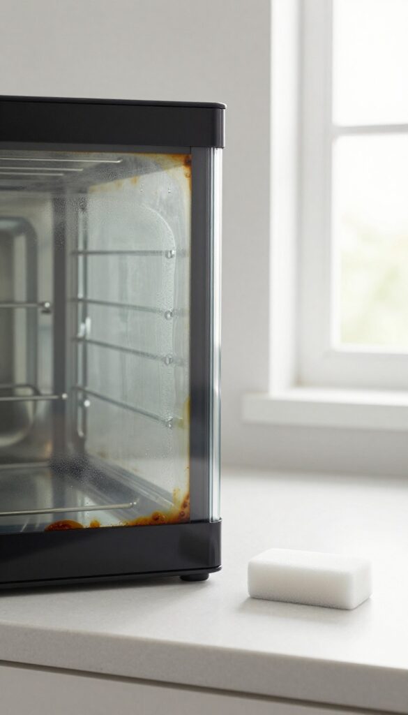 Close-up of oven glass door being cleaned with a magic eraser, showing contrast between cloudy and clear glass