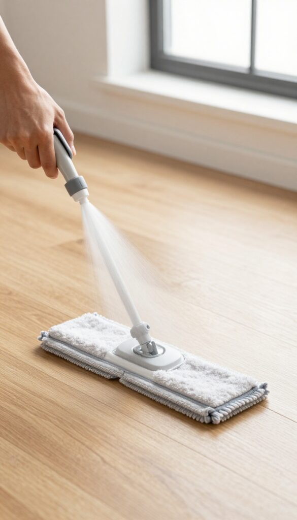 Person using a spray mop on a shiny laminate wood floor in bright natural light
