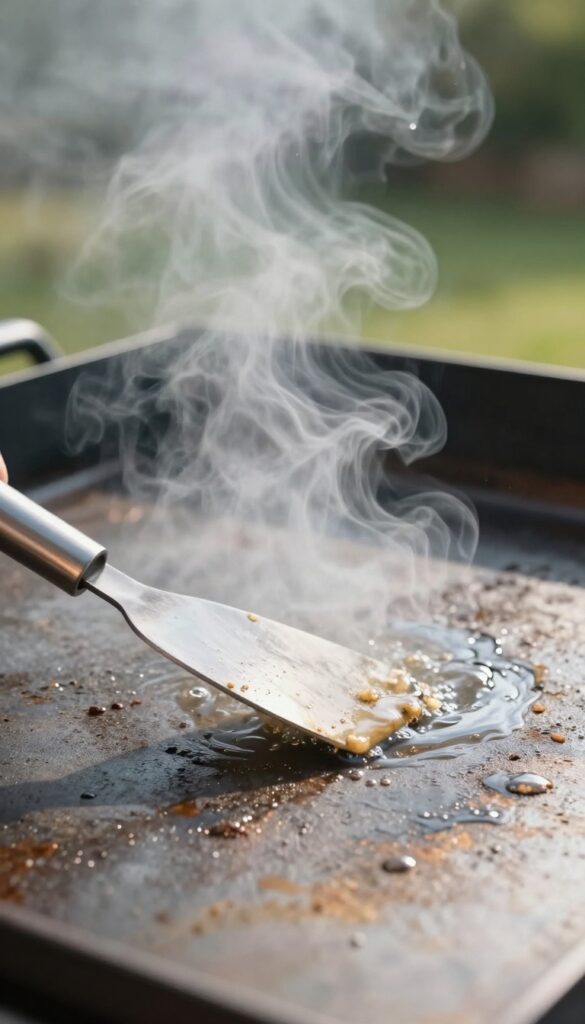 Cleaning a Blackstone griddle with a scraper and hot water, no soap, preserving the seasoning