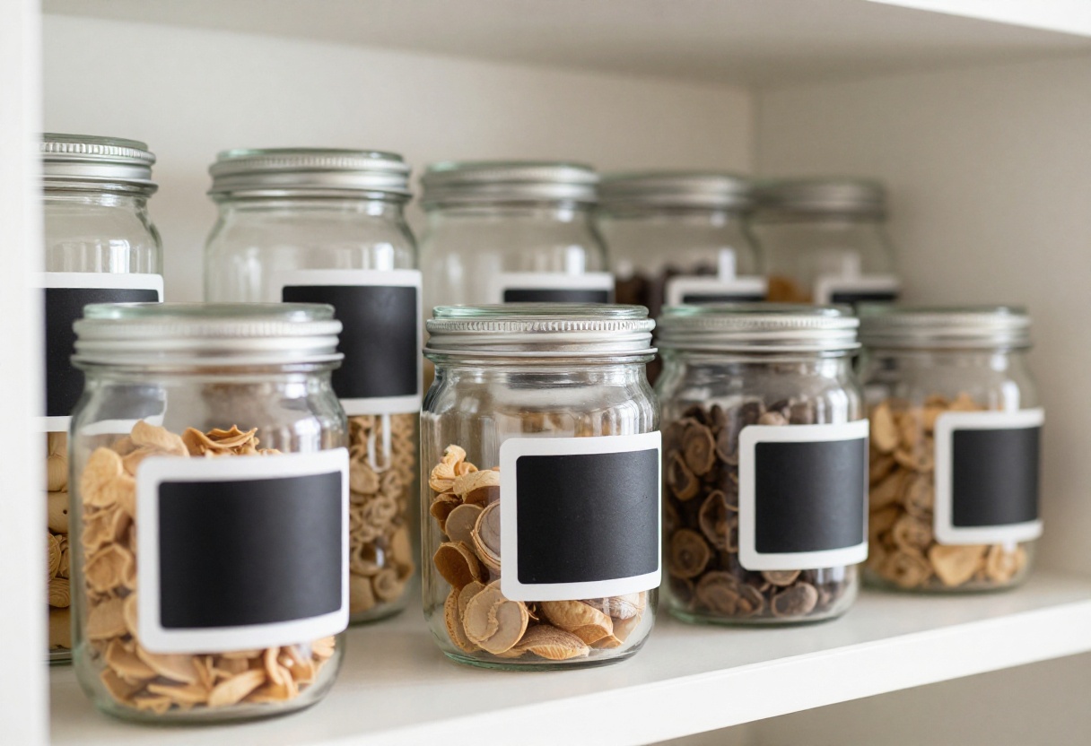 Organized pantry with labeled glass jars and bins on wooden shelves.