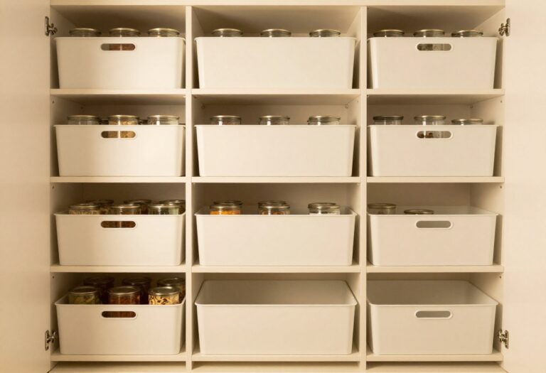 Organized reach-in pantry with clear bins and tiered shelf risers