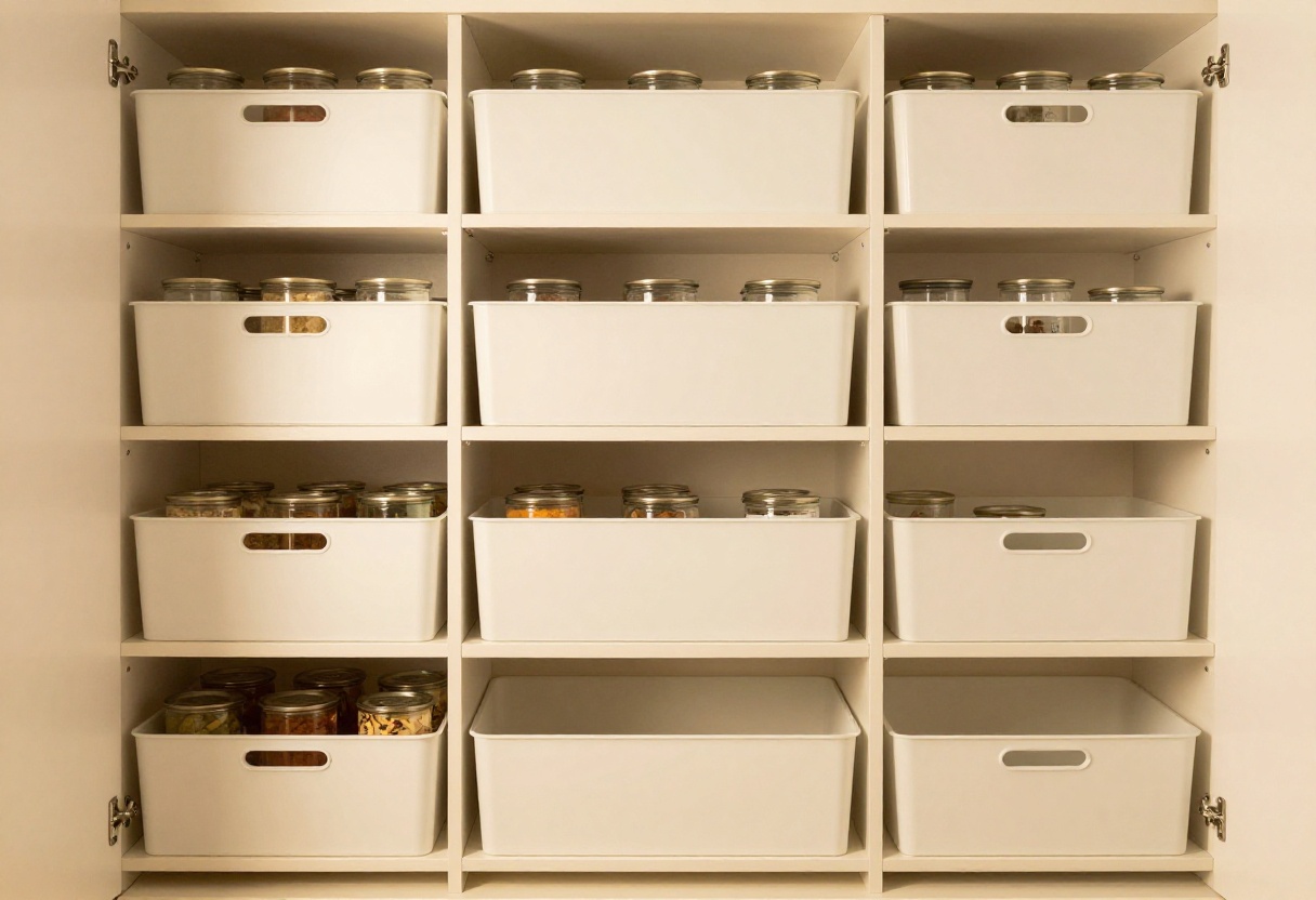 Organized reach-in pantry with clear bins and tiered shelf risers
