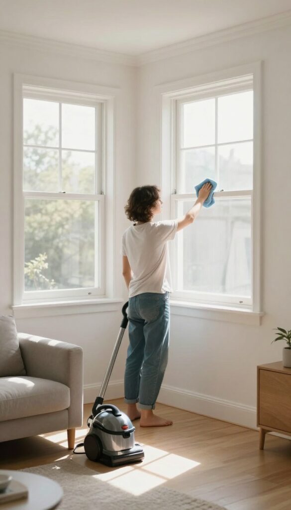 Person cleaning window sill in sunlit living room with furniture moved for vacuuming