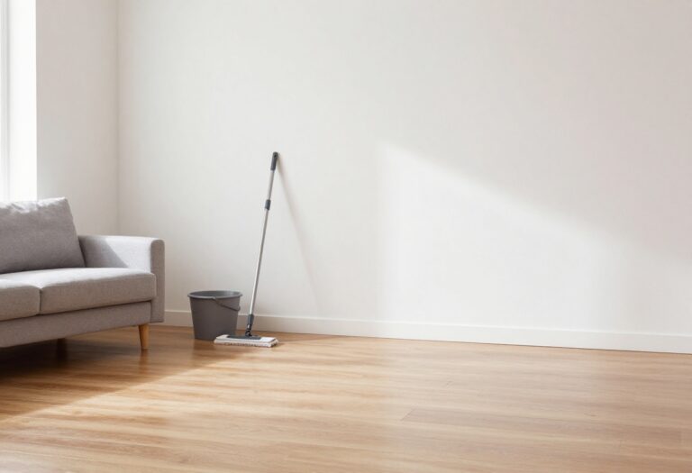 Clean laminate wood floors with a microfiber mop and bucket in a bright living room