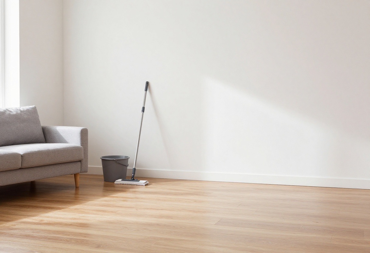 Clean laminate wood floors with a microfiber mop and bucket in a bright living room