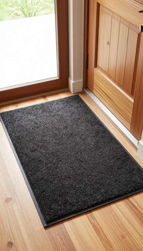 Two doormats at an entrance: a coarse outdoor mat and an absorbent indoor mat on hardwood floor.