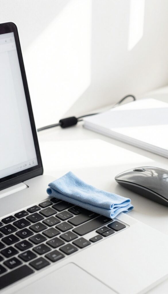 Person wiping a laptop screen with a microfiber cloth on a clean desk with organized cables