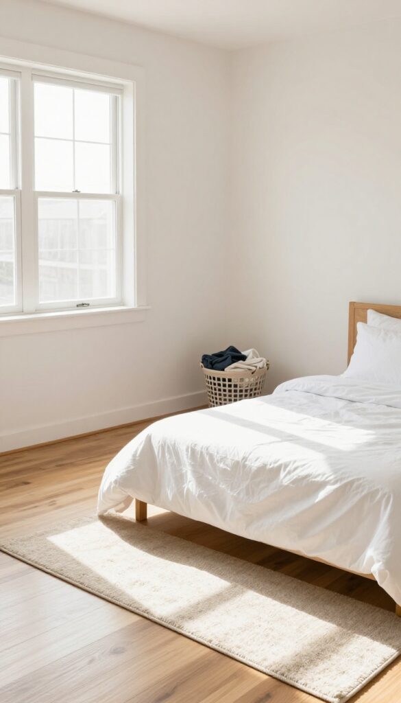 Clean bedroom floor with no clutter, laundry basket in corner, bright natural light