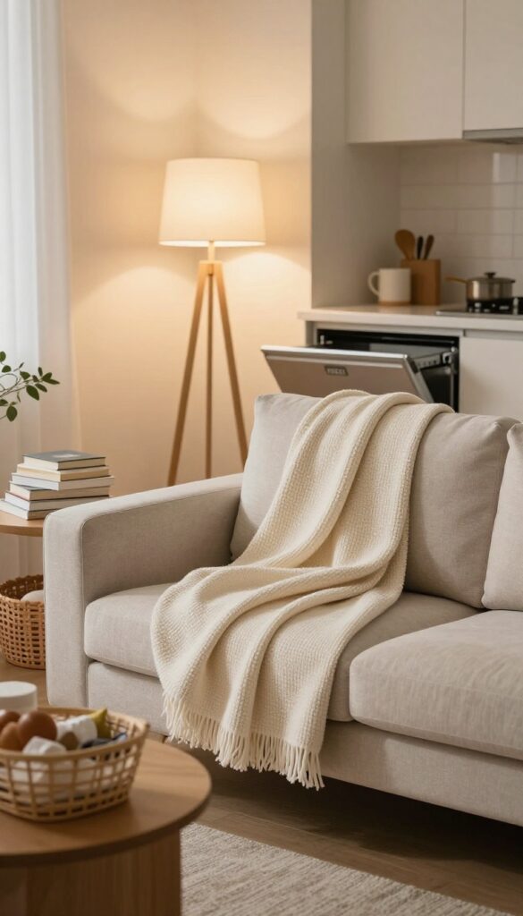 Evening reset ritual in a tidy living room and kitchen