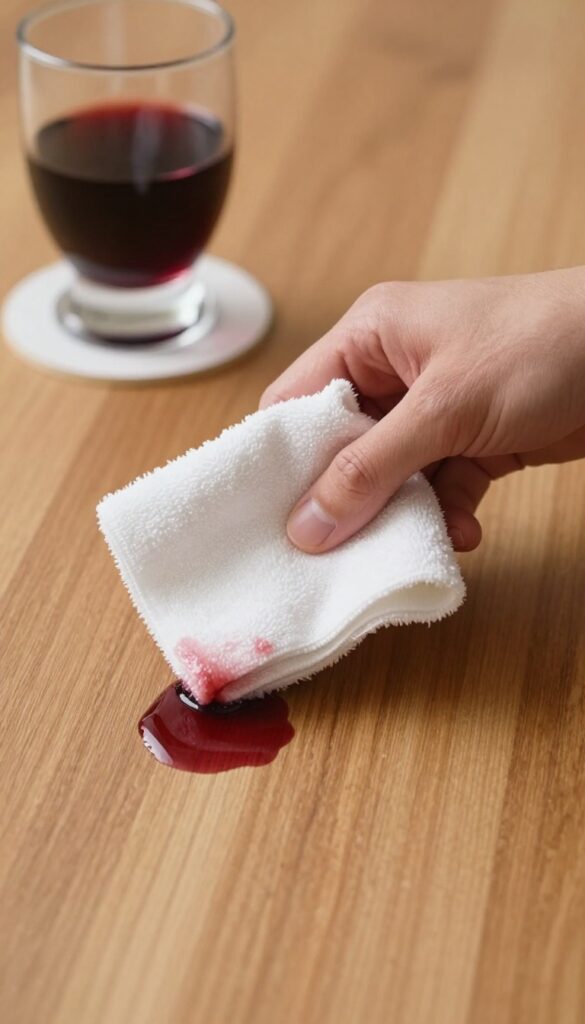 Person blotting a red wine spill on hardwood floor with a microfiber cloth.