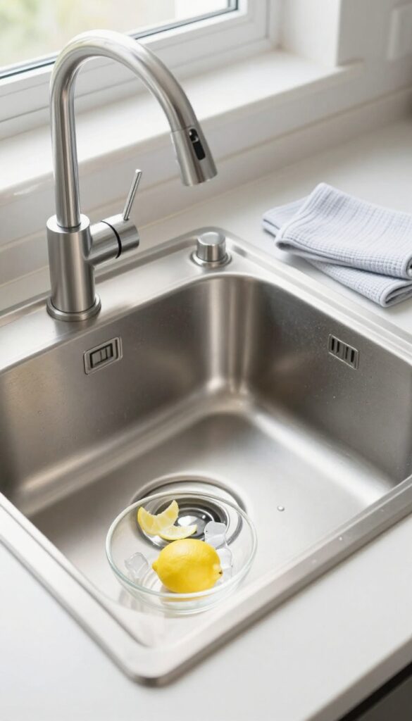 Clean kitchen sink with lemon peels and ice cubes for garbage disposal cleaning