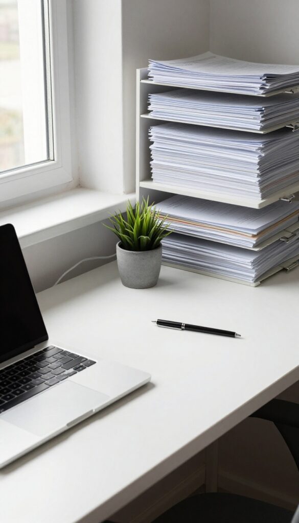 Clean and organized home office desk with minimal items, natural light, and tidy cable management.