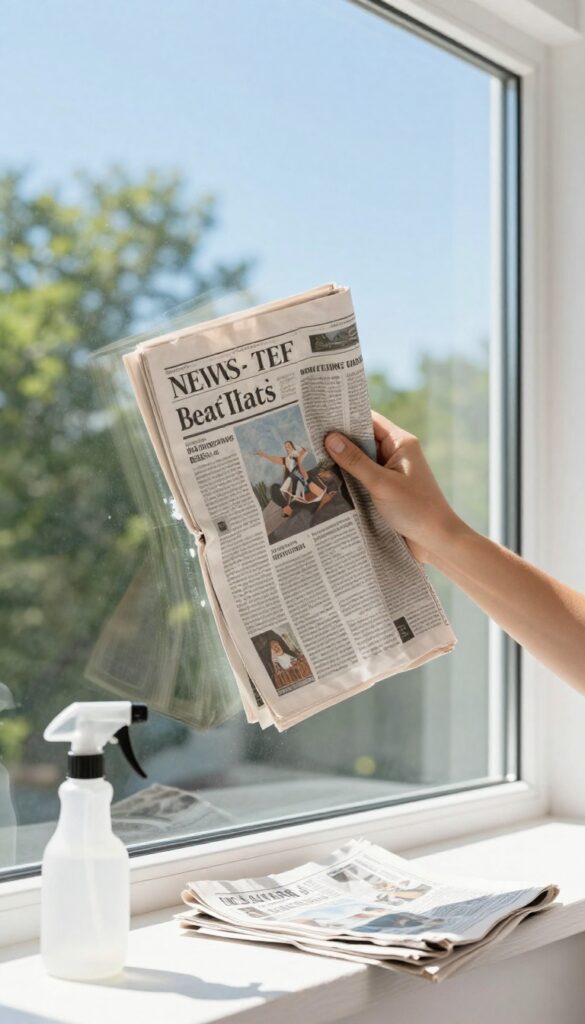 Hand using crumpled newspaper to clean a window with a streak-free shine