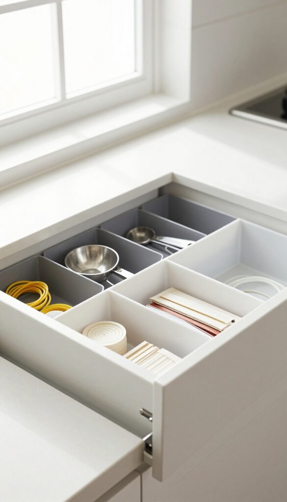 Organized under-sink drawer with adjustable dividers for small kitchen items