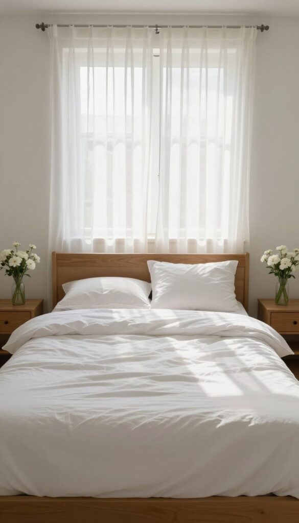 Neatly made bed in a bright, airy bedroom with sunlight and fresh flowers.