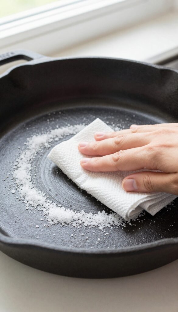 Hand scrubbing a cast iron skillet with coarse salt to remove stuck-on food