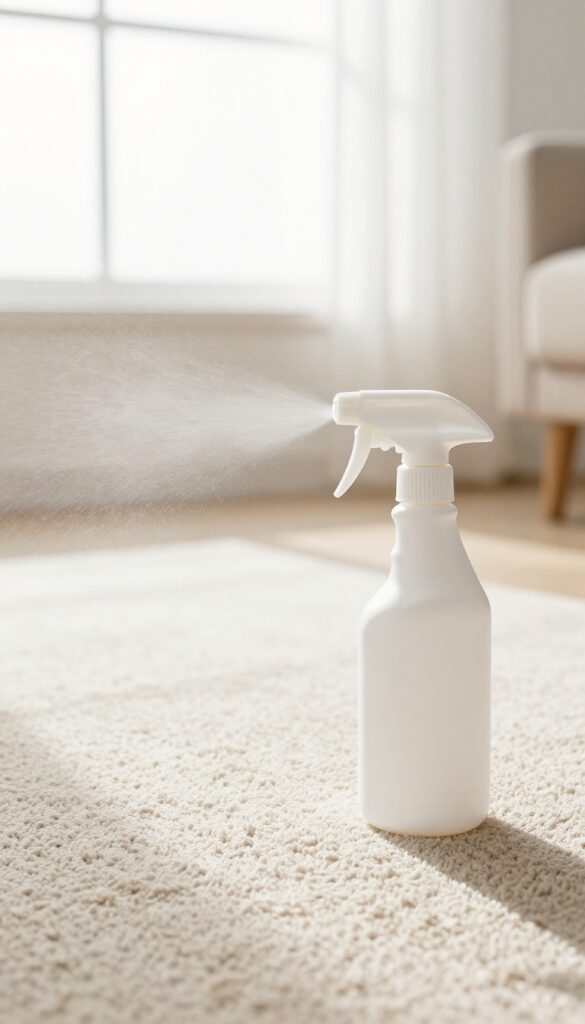 Spray bottle misting vinegar solution on carpet to remove odors