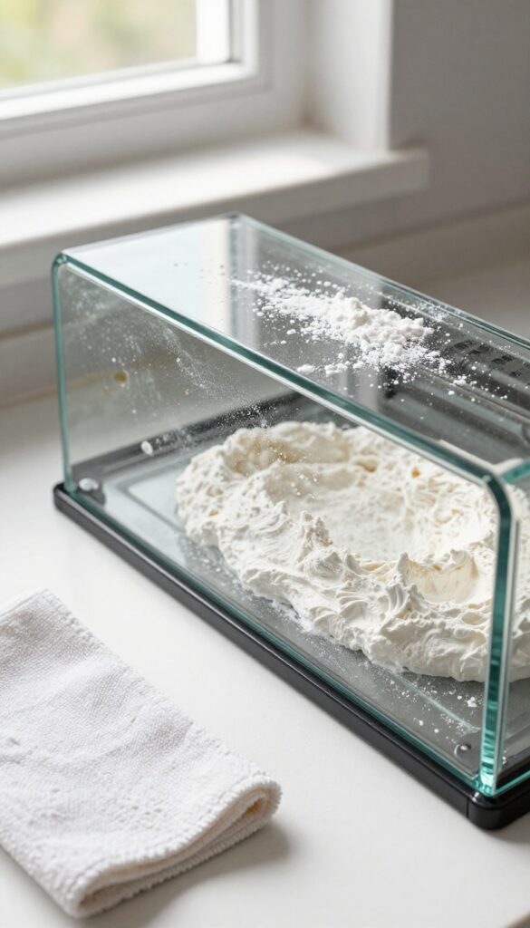 Cornstarch sprinkled on greasy oven glass door with a microfiber cloth nearby