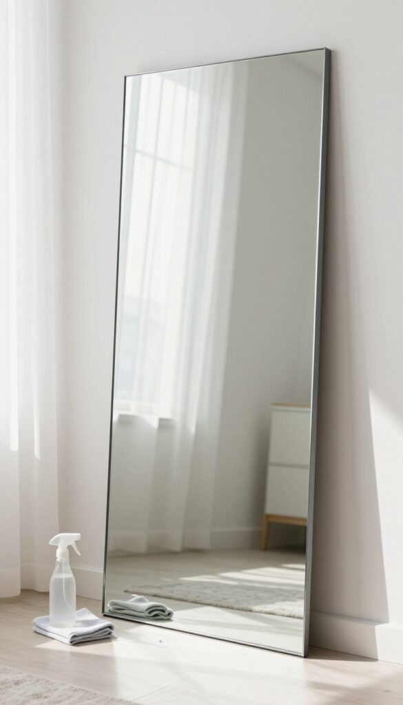 Cleaning a mirror with spray and microfiber cloth in a bright room