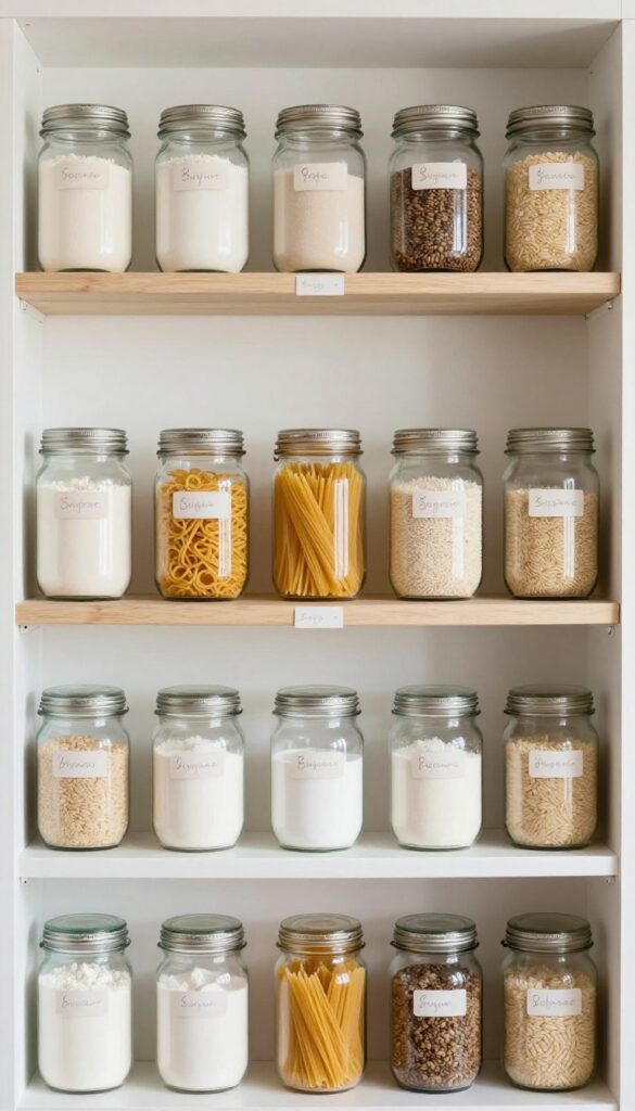 Open shelf pantry with clear glass jars for dry goods, labeled and organized neatly.