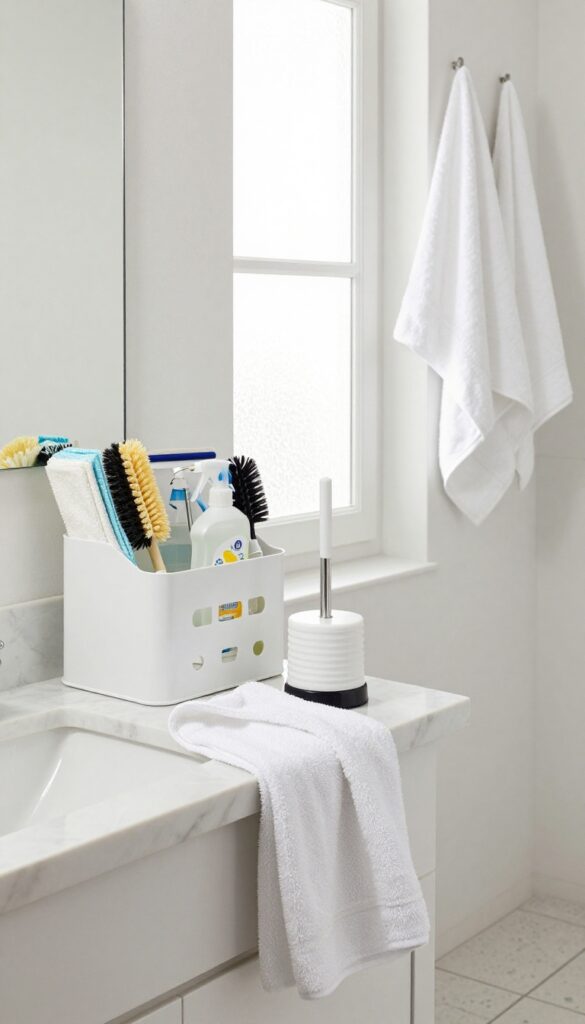 A clean, bright bathroom with a white caddy full of cleaning supplies on the counter, natural light, and tidy decor.