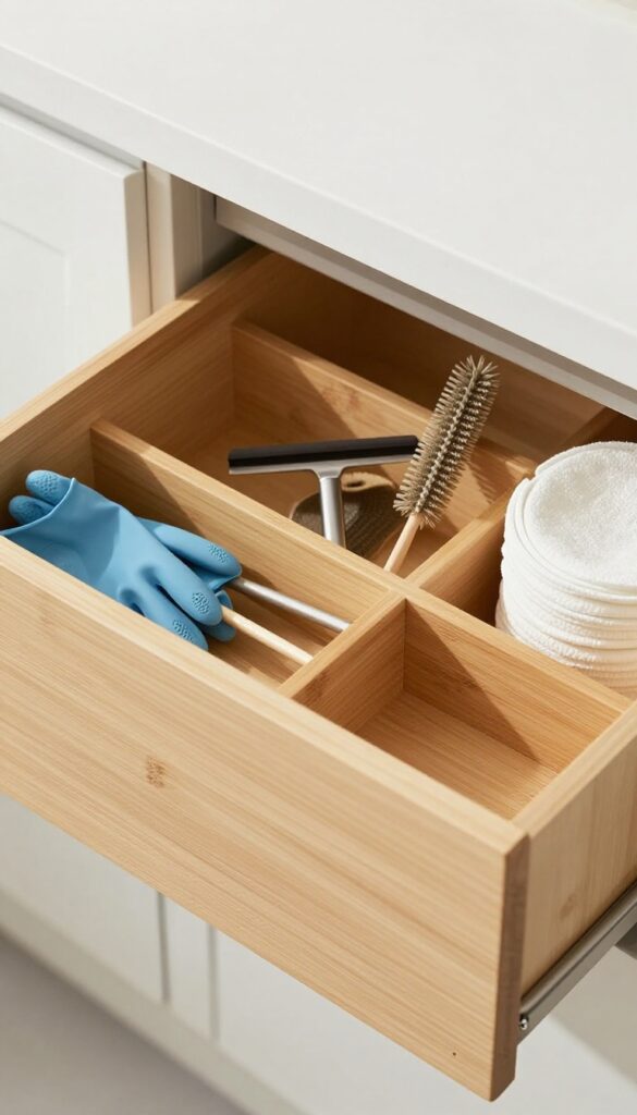 Bamboo cutlery organizer in an undersink drawer holding cleaning tools like brushes, gloves, and a squeegee.