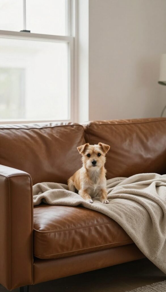 Dog with trimmed nails sitting on a leather couch protected by a throw blanket