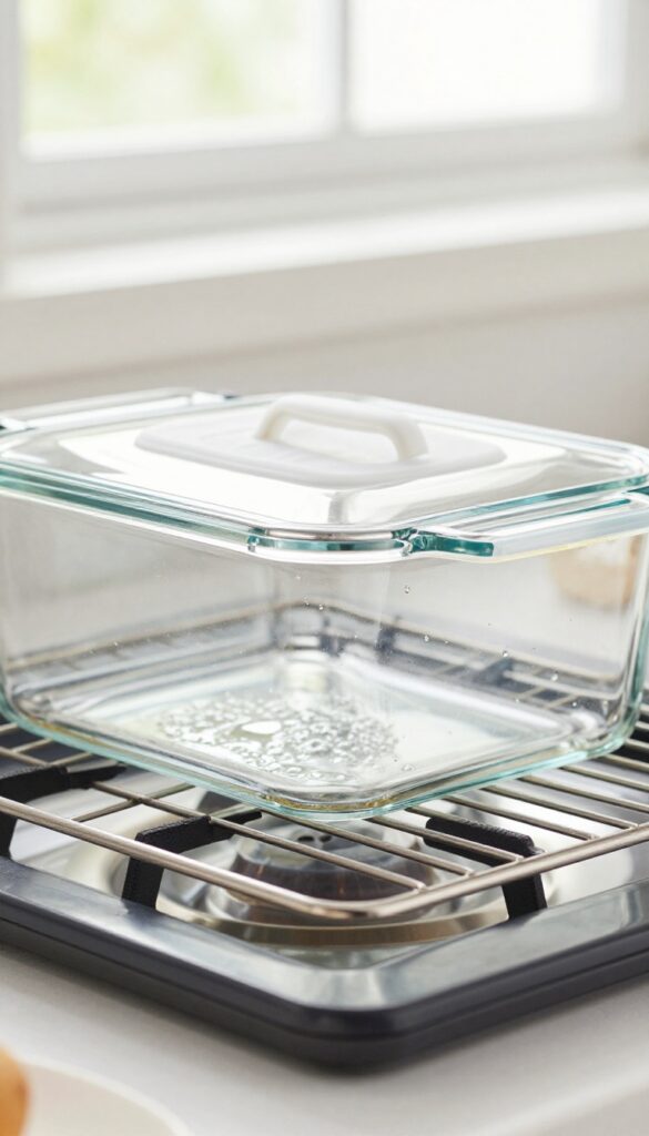 Silicone splatter guard on oven rack catching drips from a casserole dish, clean glass door
