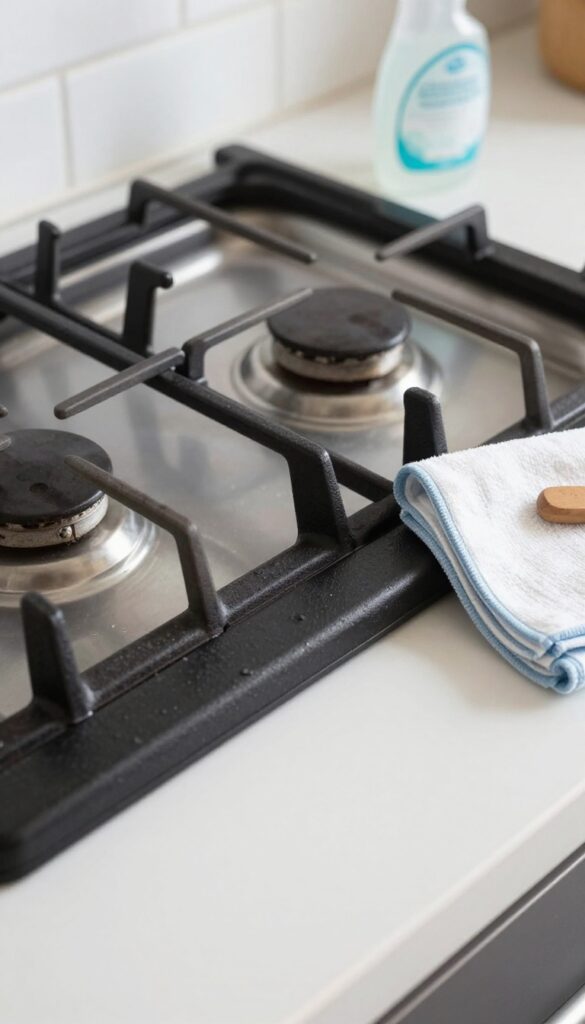 Clean gas stove grate on kitchen counter with degreaser spray and cloth