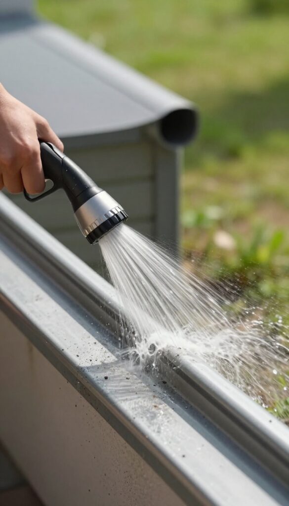 Person flushing gutter with garden hose nozzle