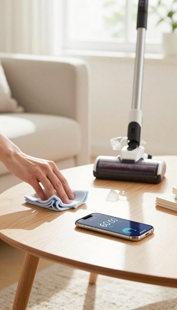 A person setting up a cleaning caddy with supplies and a timer for a focused one-hour cleaning session in a bright living room.