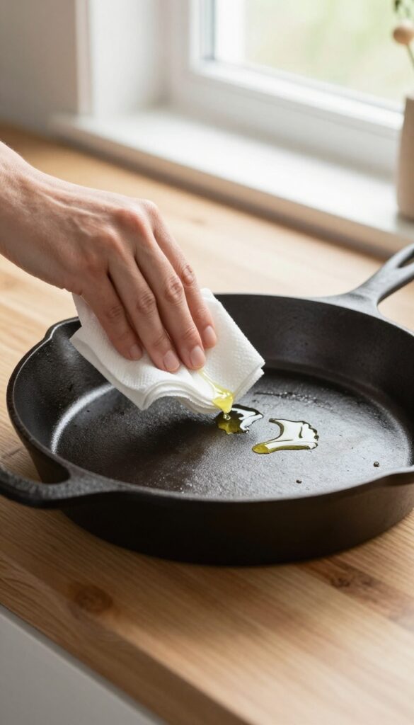 Applying a thin layer of oil to a clean cast iron skillet with a paper towel