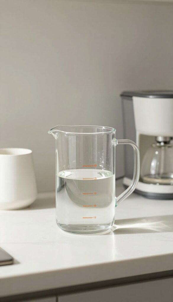Measuring pitcher with vinegar and water solution for descaling a coffee maker