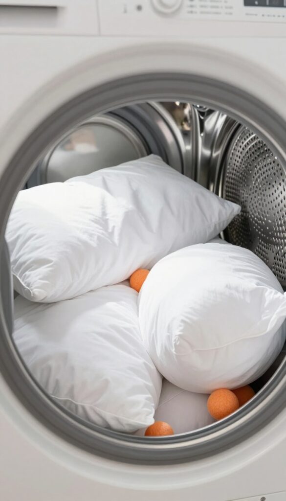Fluffy white pillows drying in a dryer with orange dryer balls, soft natural light, clean laundry room setting.