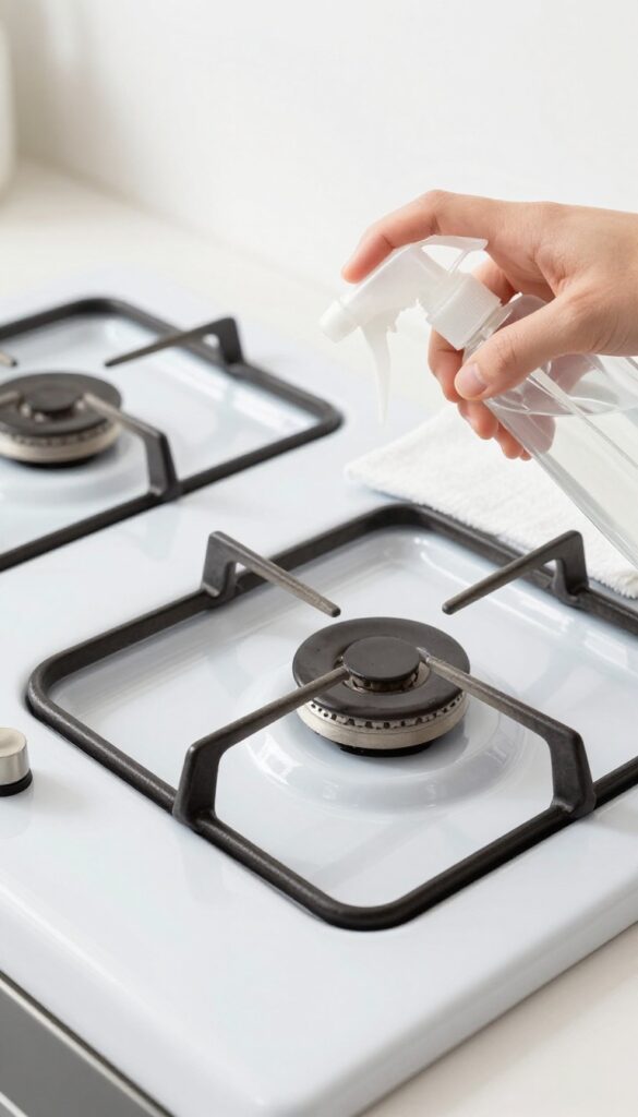 Hand spraying rubbing alcohol on a clean gas stove top with a microfiber cloth nearby