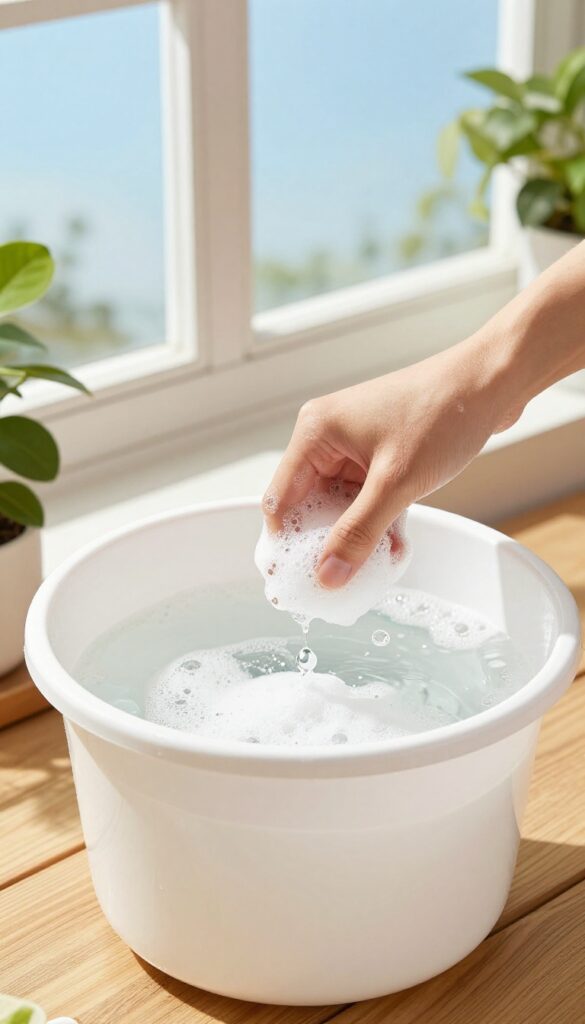 Person mixing dish soap in a bucket of warm water for cleaning window screens, outdoor setting with natural light.