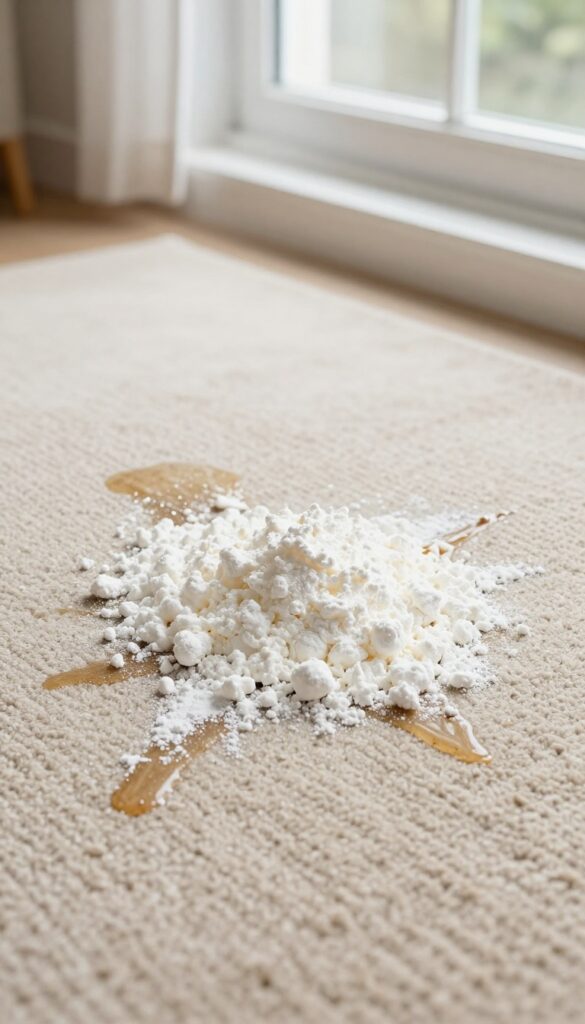 Cornstarch sprinkled on a fresh grease stain on a beige carpet, natural light, photorealistic