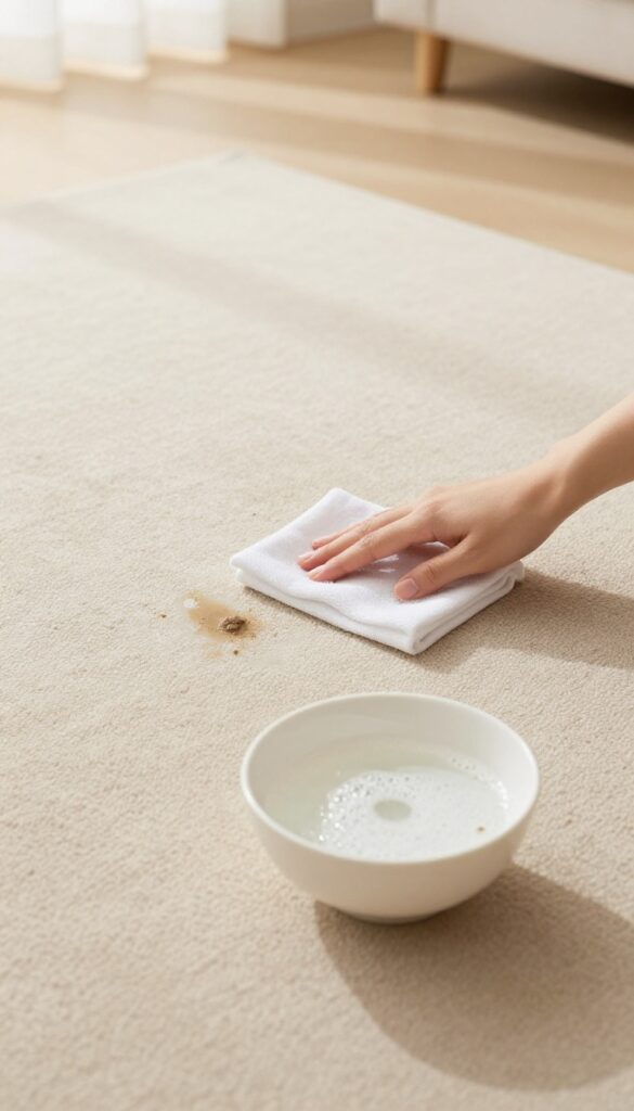 Blotting mud stain on carpet with cloth and soapy water in bright room