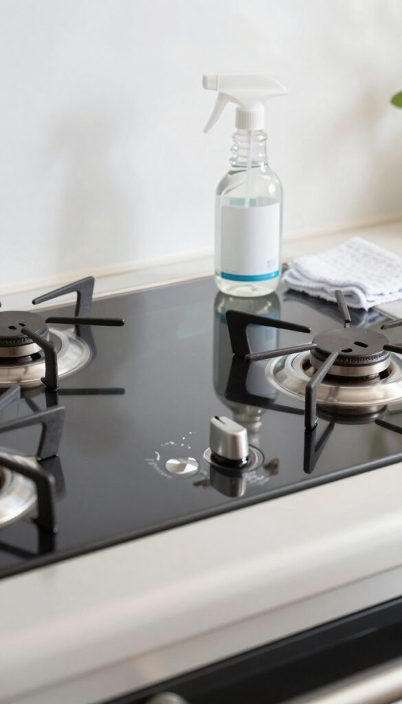 Close-up of a clean glass stove top with control knobs removed, showing spotless control panel and surrounding rim.