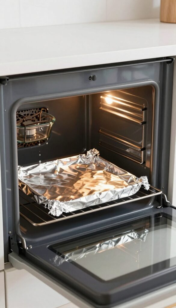 Aluminum foil lining the bottom oven rack to catch drips from a casserole dish