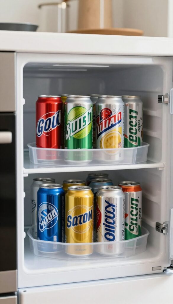 Stackable can dispensers in a small fridge maximizing vertical space