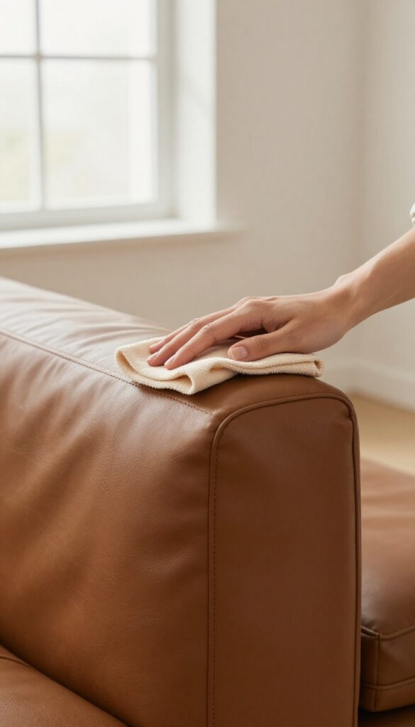 Hand applying leather conditioner to a brown leather couch armrest in a sunlit living room.