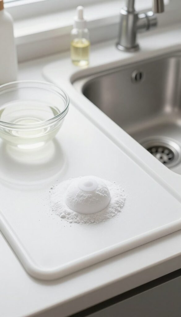 Homemade vinegar and baking soda drain bombs on a counter next to a clean kitchen sink